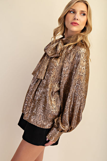 satin snakeskin tie neck long sleeve blouse
