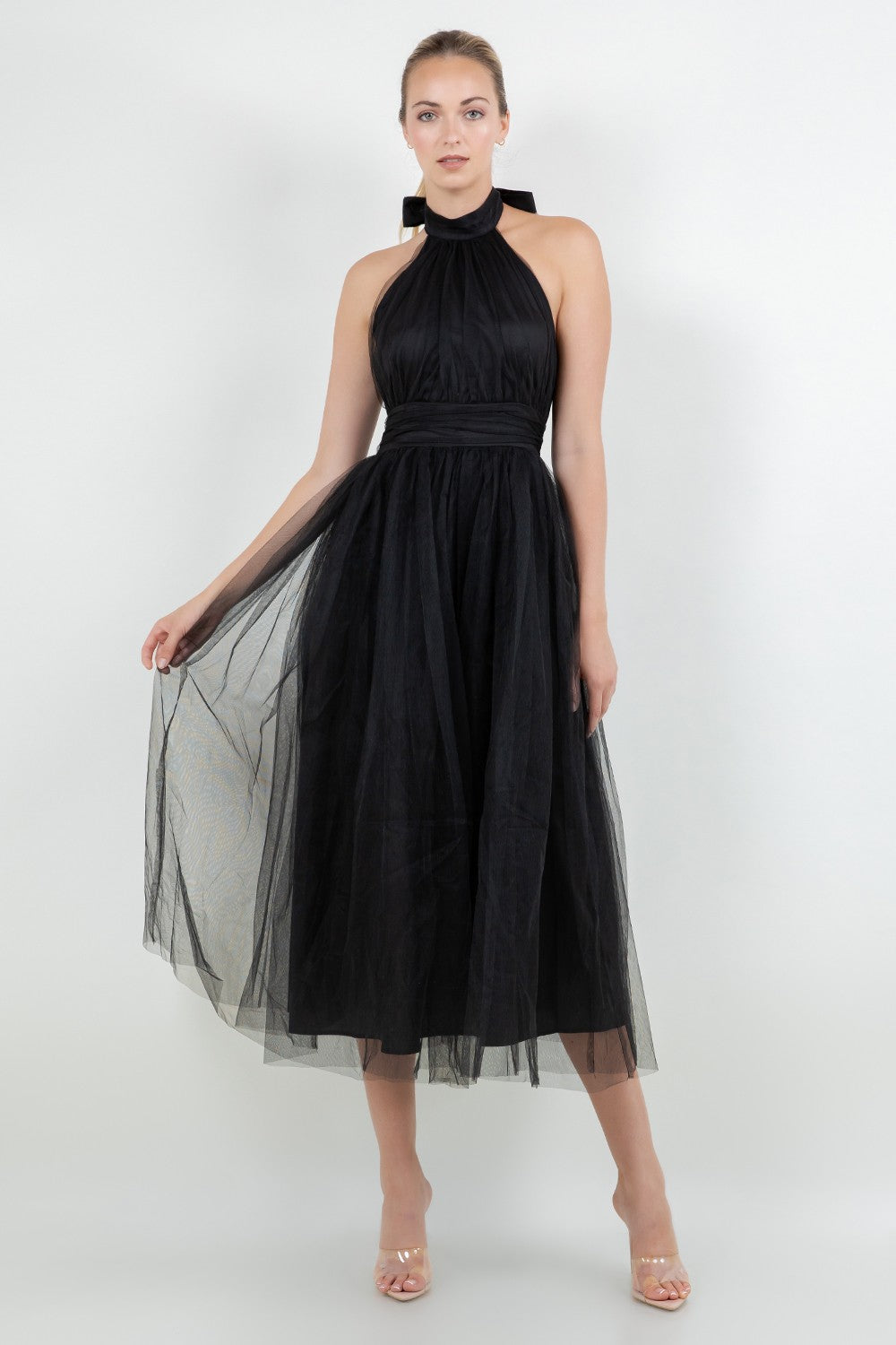 Haltered Open Back Midi Mesh Tulle Dress