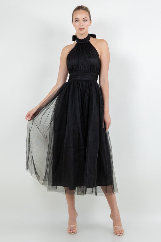 Haltered Open Back Midi Mesh Tulle Dress