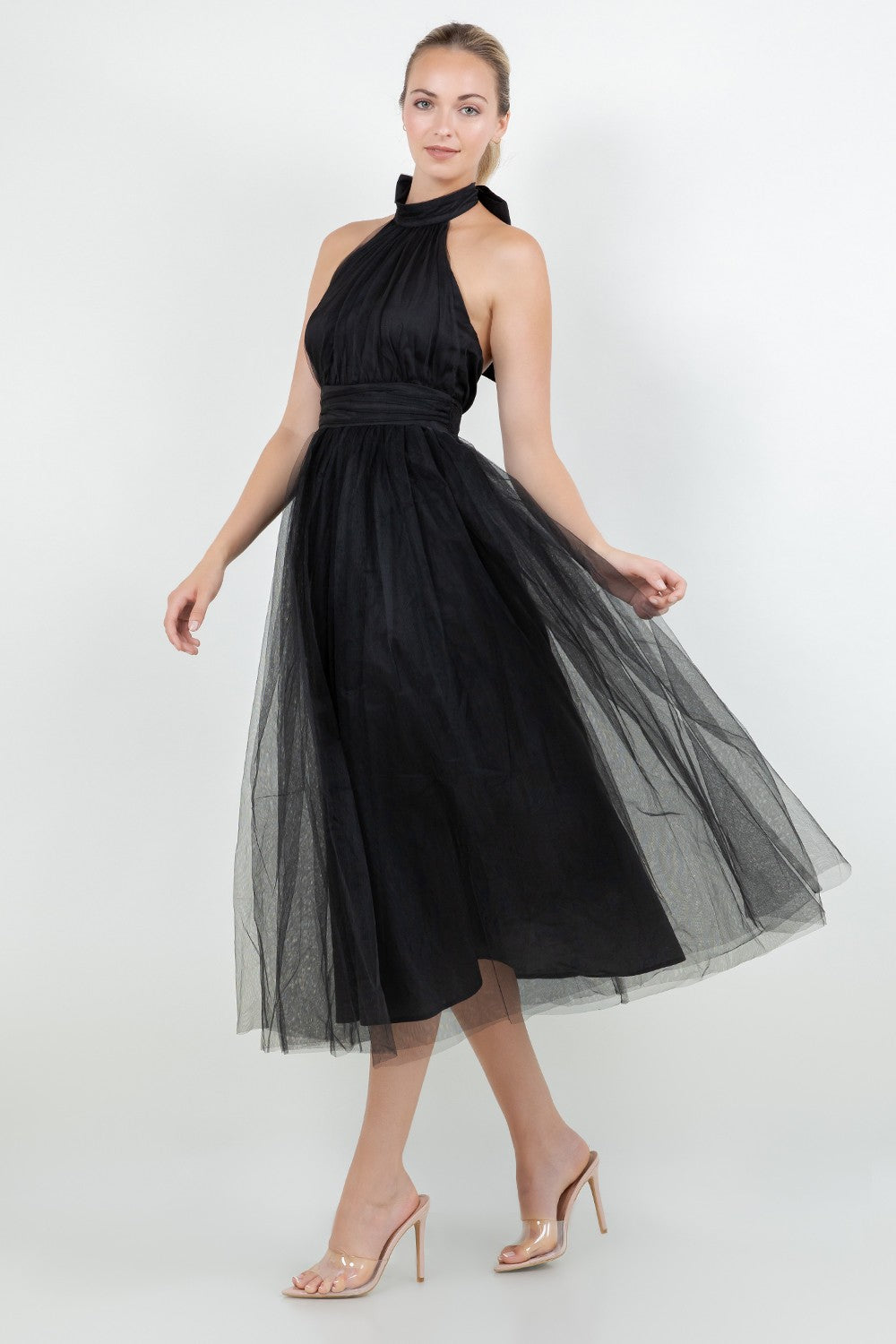 Haltered Open Back Midi Mesh Tulle Dress