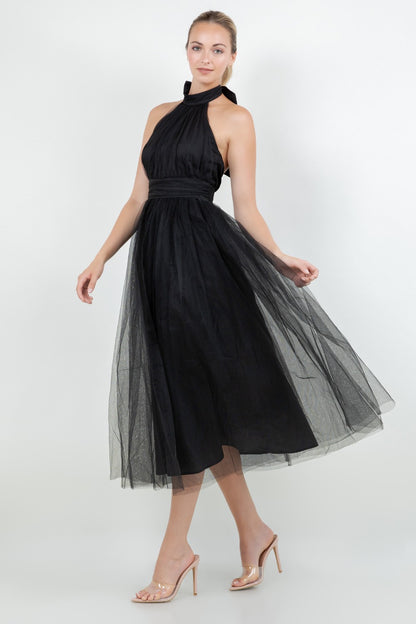 Haltered Open Back Midi Mesh Tulle Dress