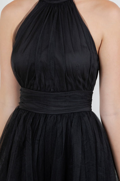 Haltered Open Back Midi Mesh Tulle Dress