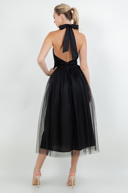 Haltered Open Back Midi Mesh Tulle Dress