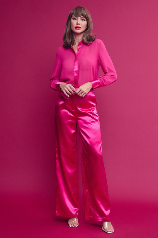 2pc- contrast trim sheer top & pants set