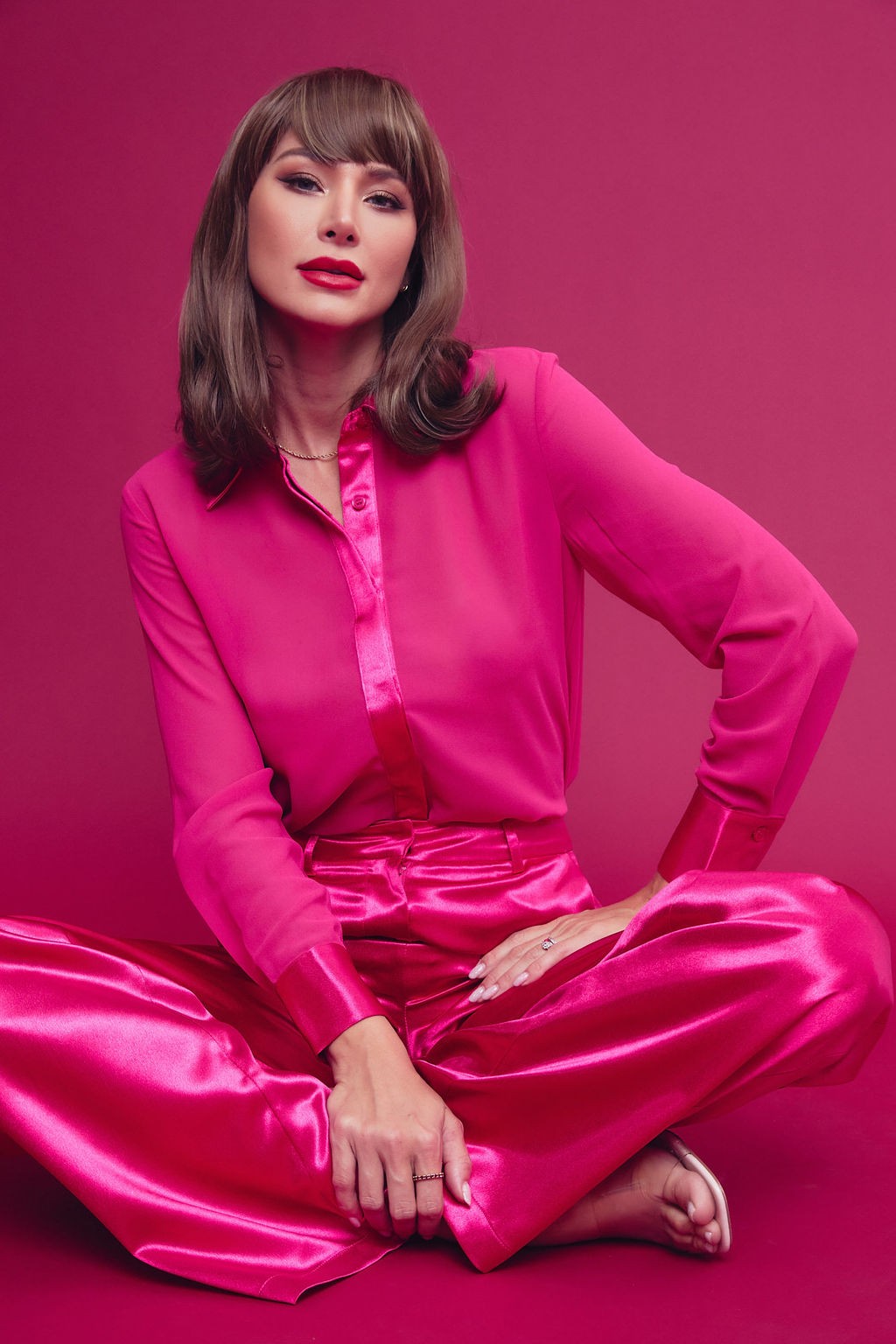 2pc- contrast trim sheer top & pants set