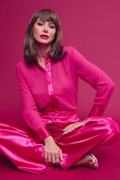 2pc- contrast trim sheer top & pants set