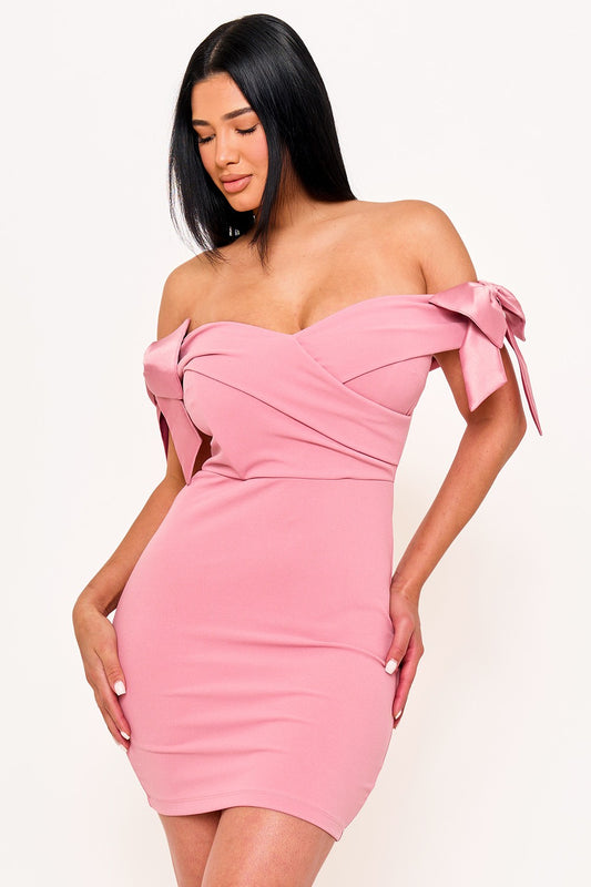 Satin Bow On Sleeve Off The Shoulder Mini Dress