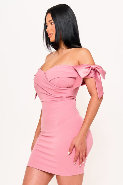 Satin Bow On Sleeve Off The Shoulder Mini Dress