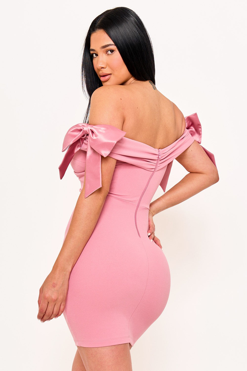 Satin Bow On Sleeve Off The Shoulder Mini Dress