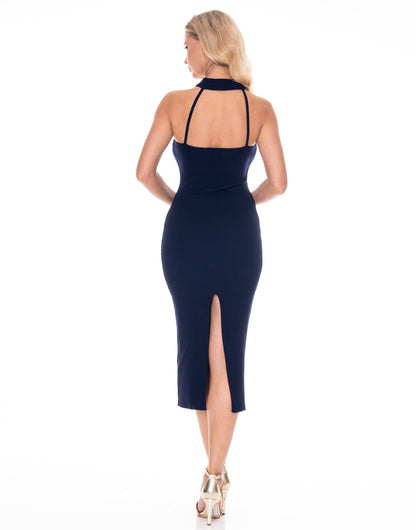 metal ring halter knit sleeveless midi dress