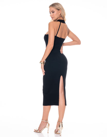 metal ring halter knit sleeveless midi dress