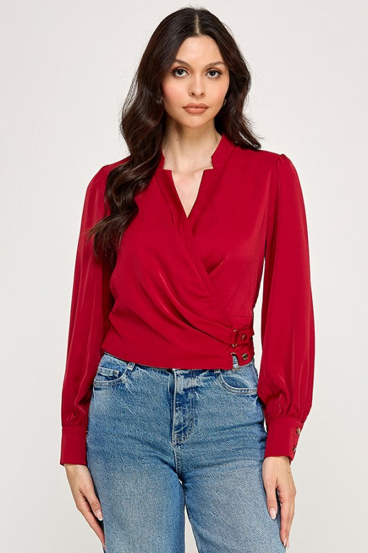 Double D Ring Long Sleeve Surplice Top