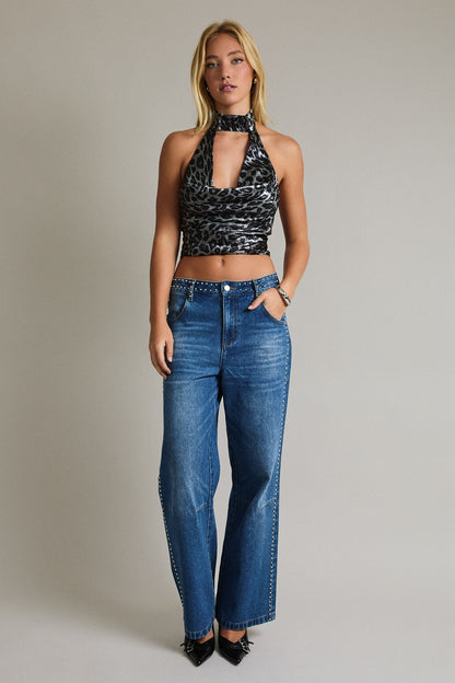 Metallic Leopard Cowl Neck Choker Sleeveless Top