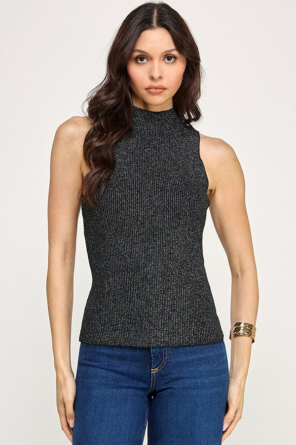 Sleeveless Glitter Mock Neck Sweater Top