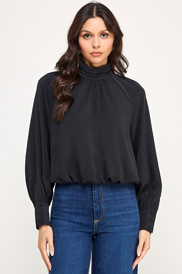 Long Sleeve High Neck Bubble Hem Top