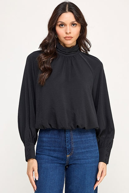 Long Sleeve High Neck Bubble Hem Top
