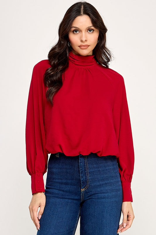Long Sleeve High Neck Bubble Hem Top