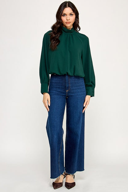 Long Sleeve High Neck Bubble Hem Top