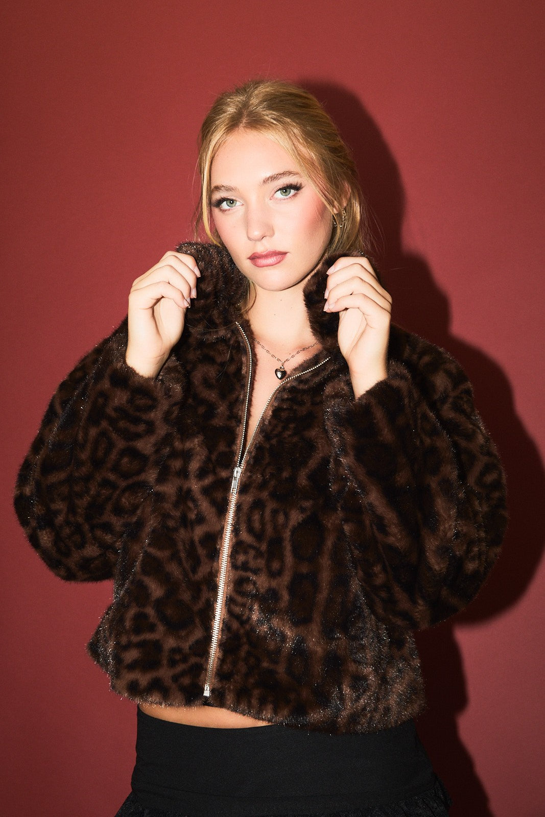 Collared Zipper Front Faux Fur Jacket