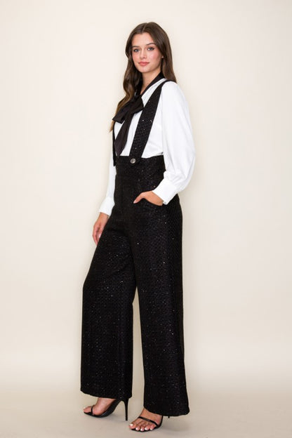 tweed lurex wide leg overalls pants