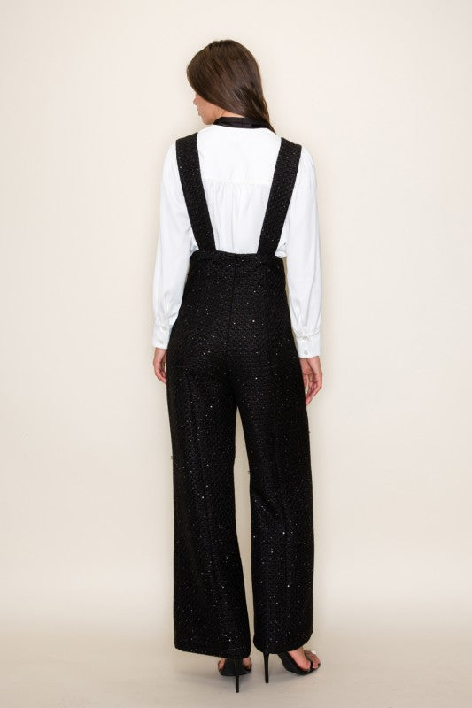 tweed lurex wide leg overalls pants