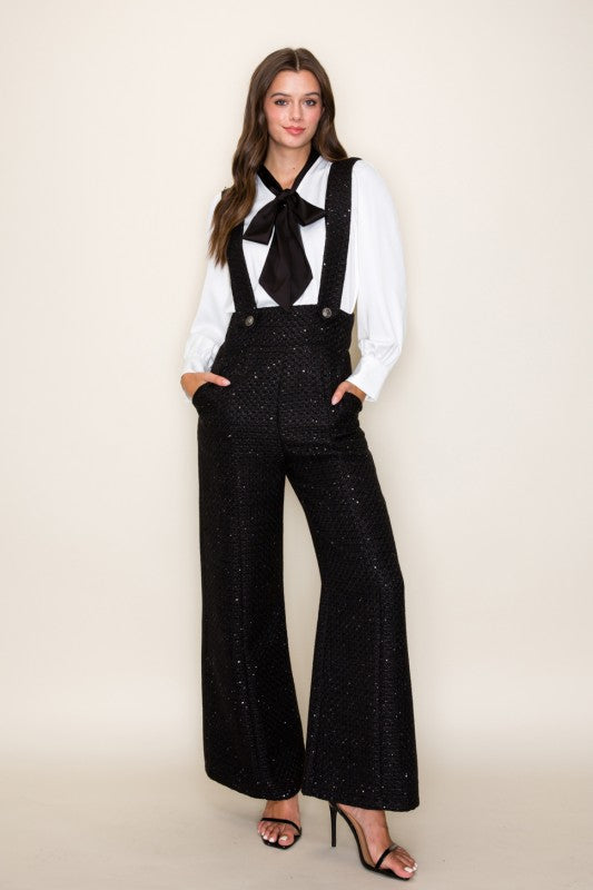tweed lurex wide leg overalls pants