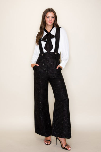 tweed lurex wide leg overalls pants