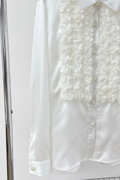 3D floral satin tuxedo blouse