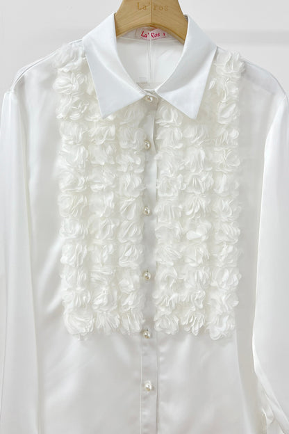 3D floral satin tuxedo blouse