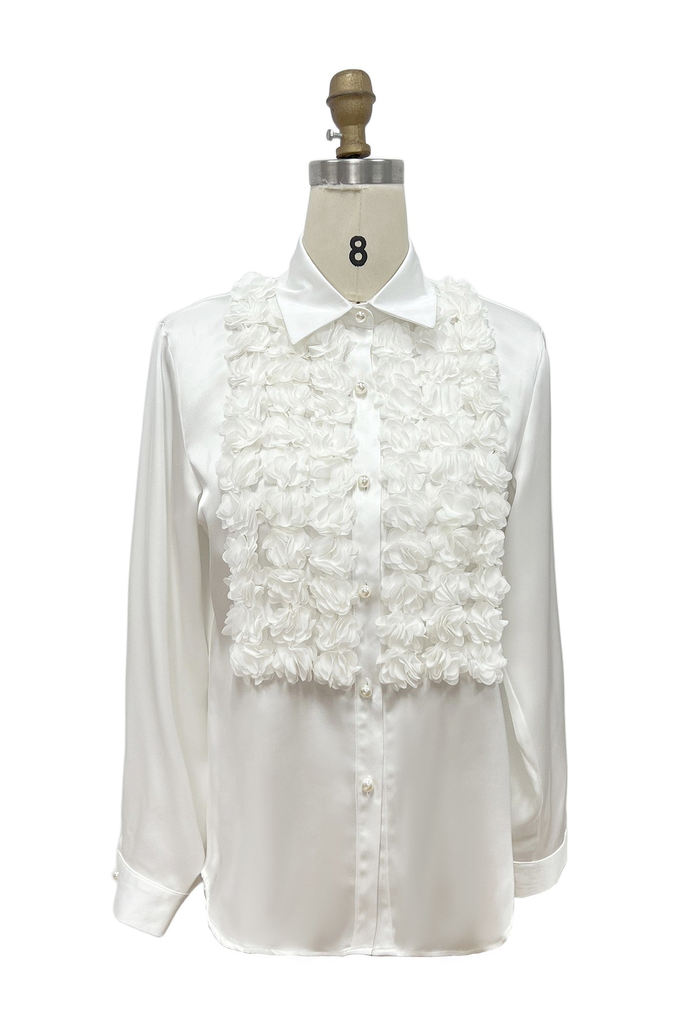 3D floral satin tuxedo blouse