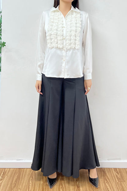 3D floral satin tuxedo blouse