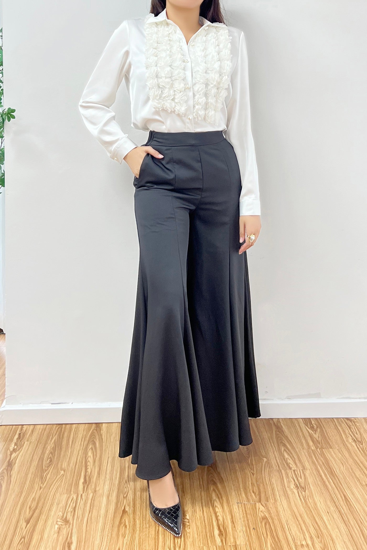 3D floral satin tuxedo blouse