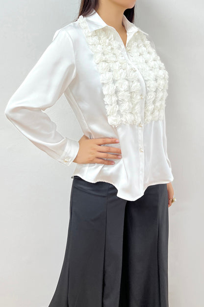 3D floral satin tuxedo blouse