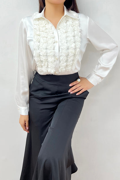 3D floral satin tuxedo blouse