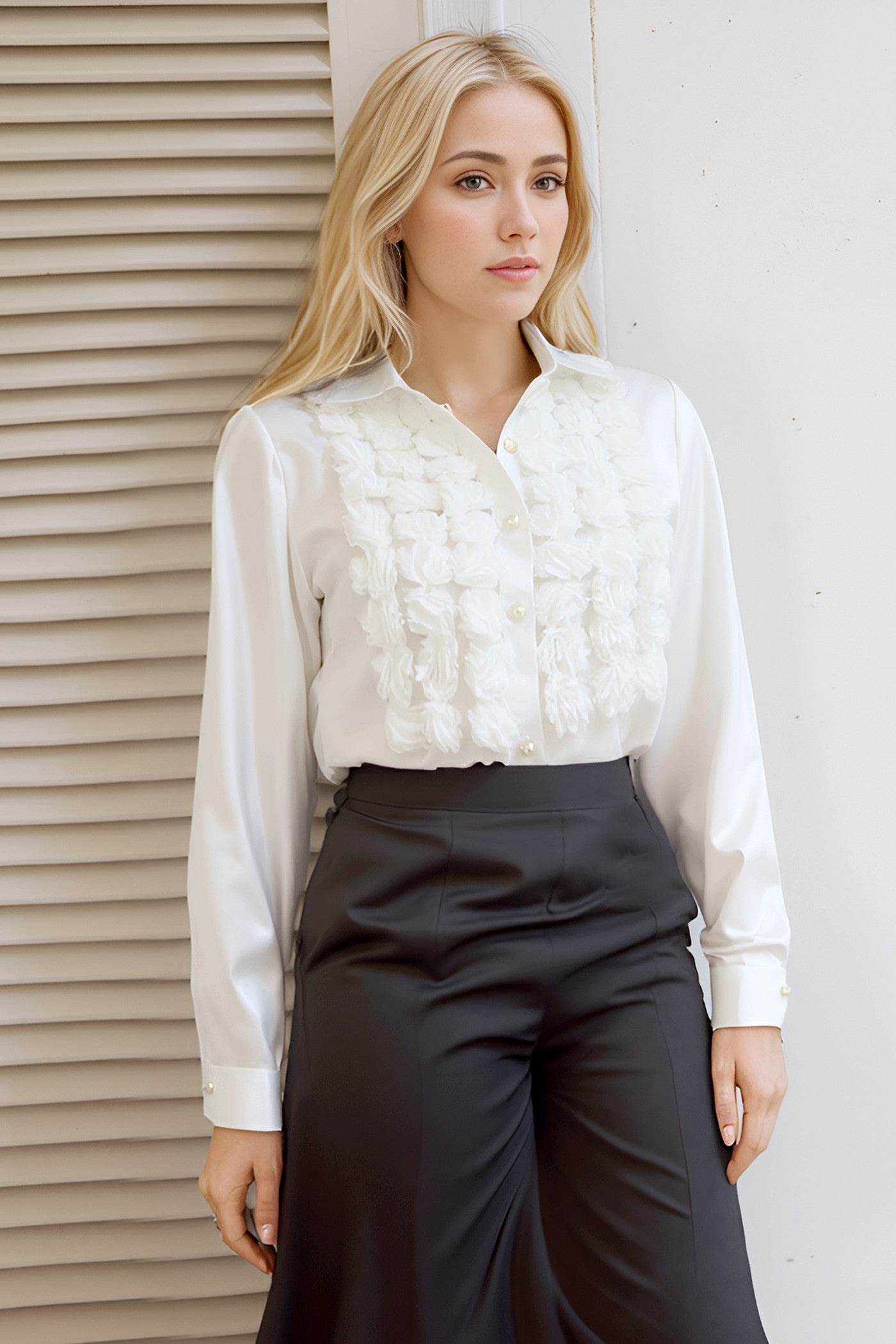 3D floral satin tuxedo blouse