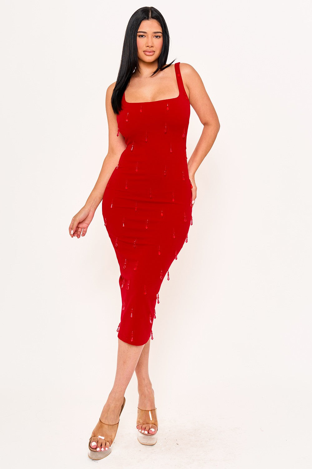 Bead String Sleeveless Crepe Midi Dress