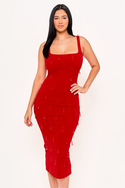 Bead String Sleeveless Crepe Midi Dress