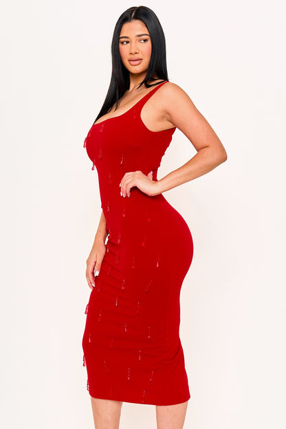 Bead String Sleeveless Crepe Midi Dress