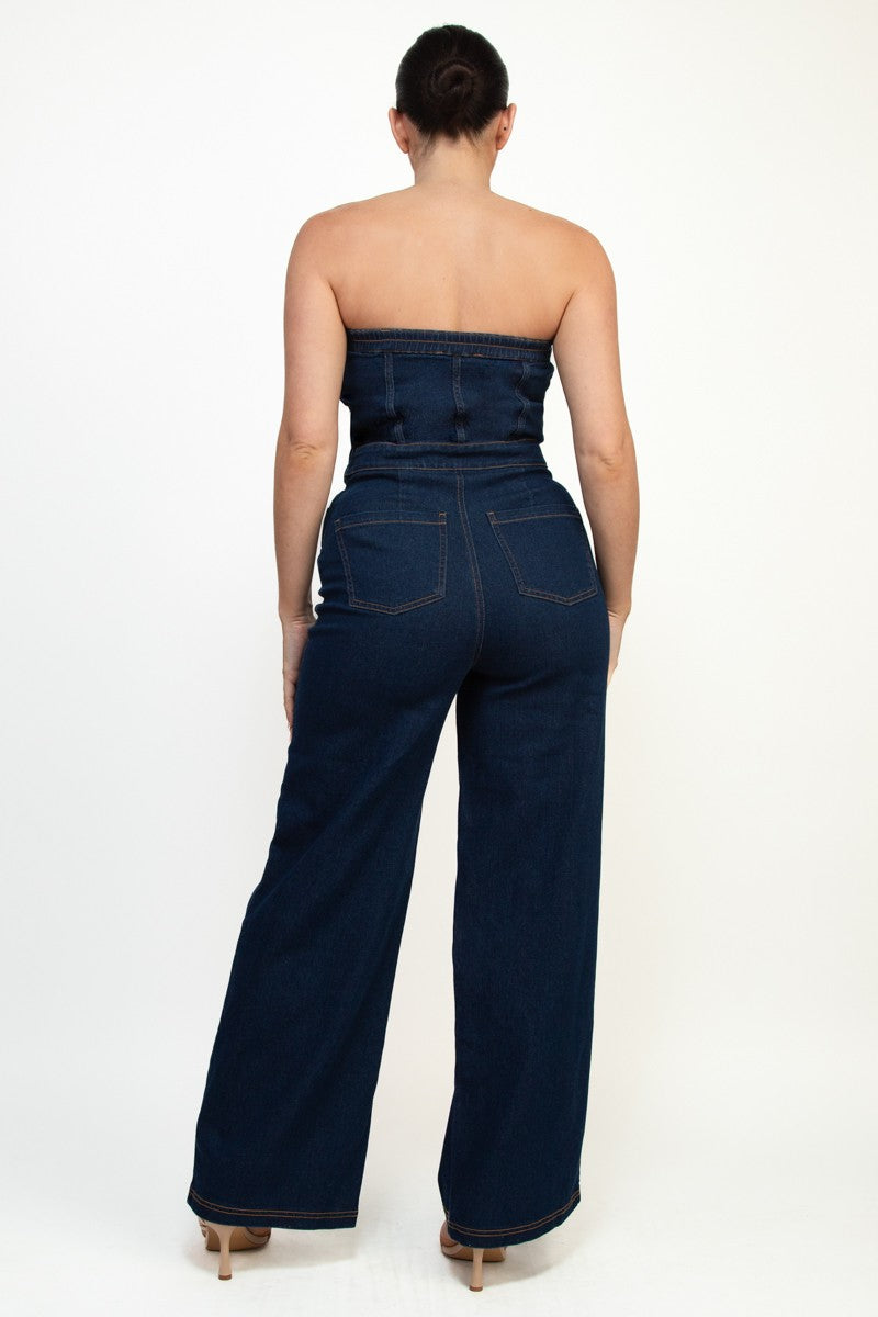 strapless denim wide leg jumpsuit