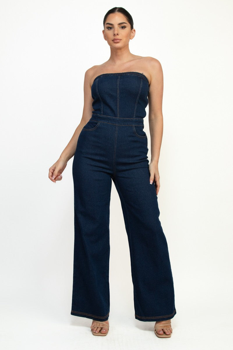 strapless denim wide leg jumpsuit
