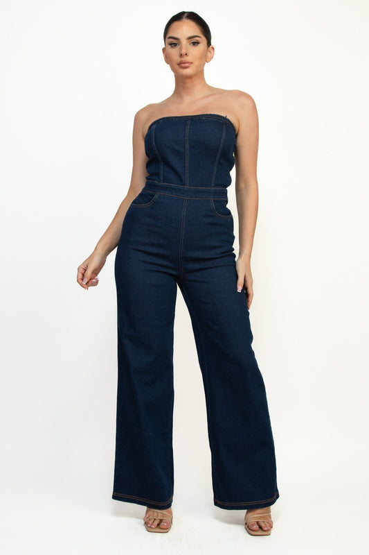 strapless denim wide leg jumpsuit