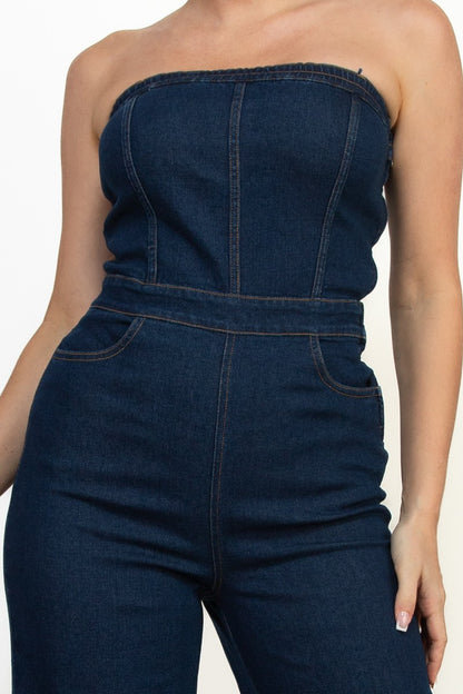 strapless denim wide leg jumpsuit