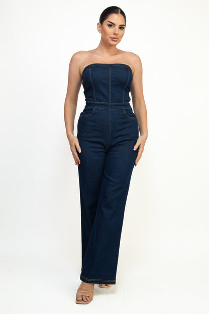 strapless denim wide leg jumpsuit