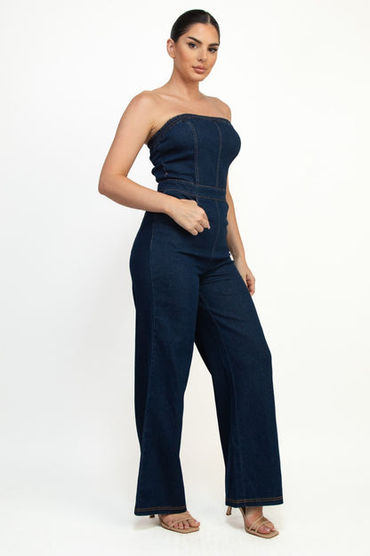 strapless denim wide leg jumpsuit
