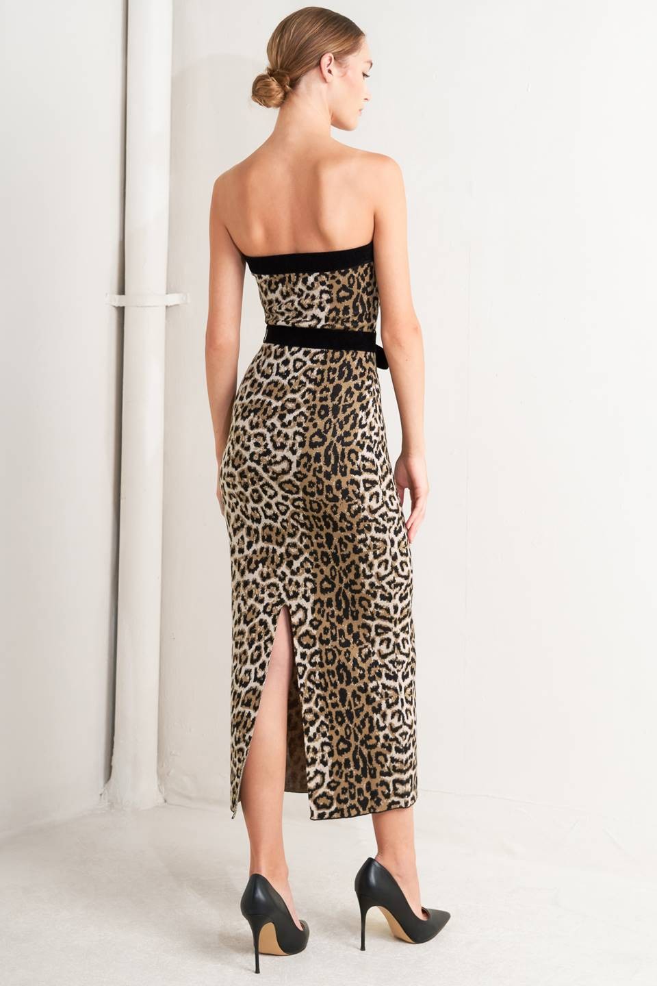 leopard strapless knit midi dress