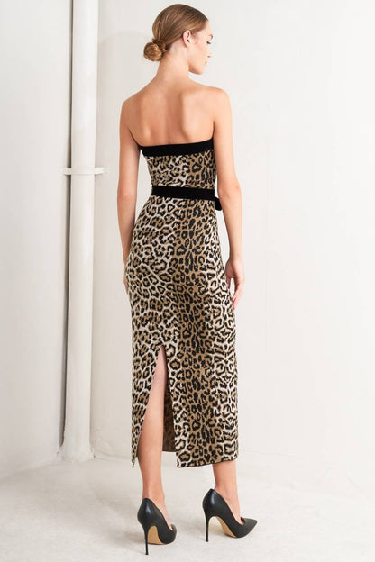 leopard strapless knit midi dress