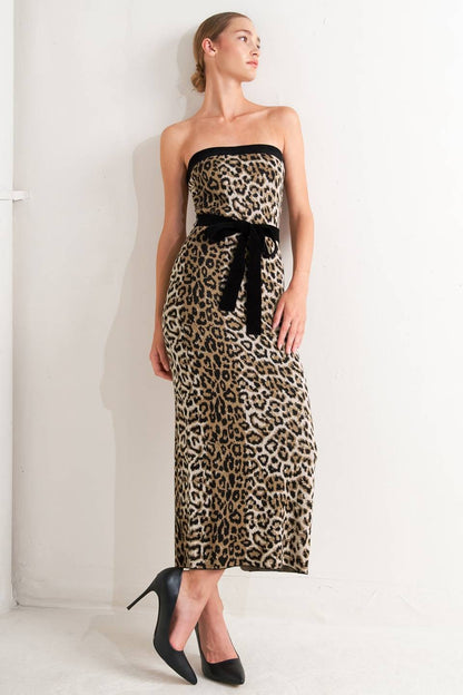 leopard strapless knit midi dress