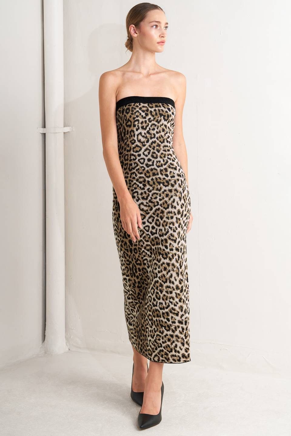 leopard strapless knit midi dress
