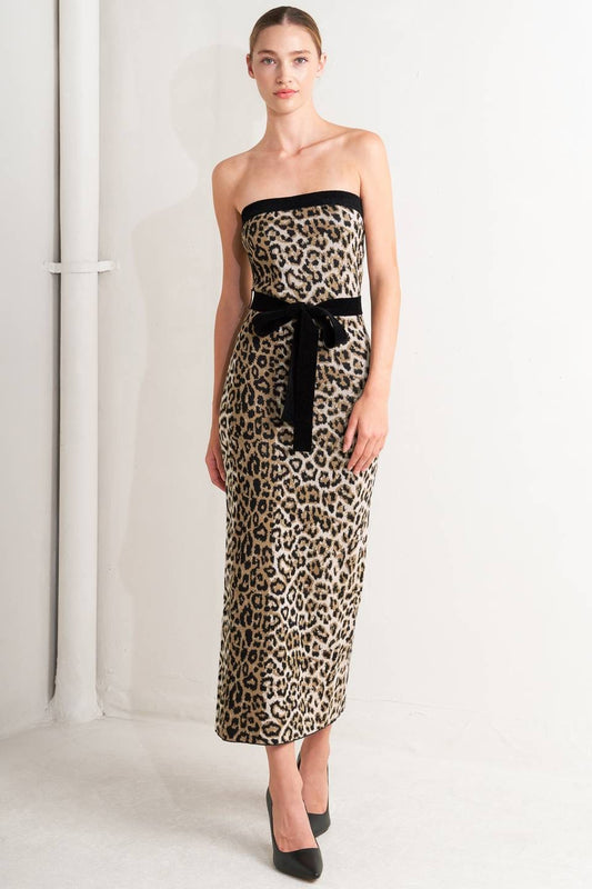 leopard strapless knit midi dress