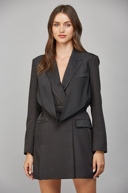Draped Front Lapel Collar Blazer Dress
